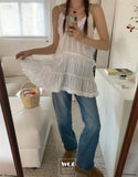 Vintage Sweet Y2k Slip Dress Lace Up Thin Solid Color Edge of Fungus Design Suspender Dresses for Women Vestidos