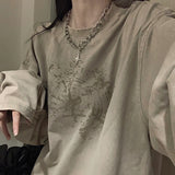 Pbong  Summer Harajuku Khaki Long Sleeve Tshirts Women Y2k Vintage Print Tees 90s Streetwear Graphic T Shirts Girls Oversize Loose Tops