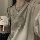Pbong  Summer Harajuku Khaki Long Sleeve Tshirts Women Y2k Vintage Print Tees 90s Streetwear Graphic T Shirts Girls Oversize Loose Tops