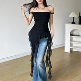 Pbong  Sexy One Shoulder Sexy Spicy Girl Ruffle Edge Strap Camisole Women Tank Top Slimming Thin Outerwear Strapless Tube Top Female