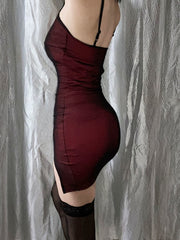 Sling One Shoulder Pleated Mesh Mini Dress Sexy Temperament Slim Hip Tight Slim Hot Sexy Red Wine Tops Kroean