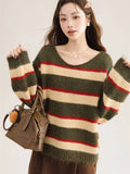 Korean Sweet Striped Sweater Women Sexy V Neck Vintage Knitted Jumper Casual Long Sleeve Female Lazy Wind Pullover Tops New