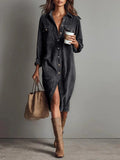 Pbong  New Fall Retro Solid Ribbed Corduroy Dress Woman Elegant Single Breasted Lapel Shirt Dresses Long Sleeve Slit Clothing