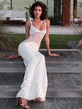 Mesh Patchwork Sexy Maxi Dress For Women Gown Spaghetti Strap Sleeveless Backless Bodycon Elegant Club Long Dress