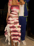 Pbong  Women Halloween Shark Tale Lola Costume Dress Y2k Anime Side Split Ruffle Hem Maxi Dress Fish Strapless Tube Cosplay Maxi Dress