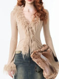 Y2k Aesthetic V-neck Jacket Women Korean Sexy Fashion Cardigan  Harajuku Vintage Bandage Fur Patchwork Coat Spring Chic