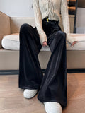 Women Elegant Velvet Pant Loose High Waist Vintage Wide Leg Trousers Fall Winter Korean Retro Female Soft Black Pants New