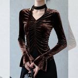 Pbong  Elegant Vintage Coffee Long Sleeve Velvet Shirt Women's Waist-Cinching Slimming Pleated Top Commute Style Autumn Winter New A...