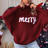 Pbong  Christmas Fashion Autumn Winter Knit Sweaters Turtleneck Sweater Women Elegant Merry Letter Print Long Sleeve Pullovers Female
