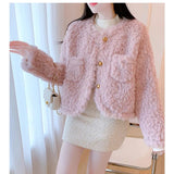 Pink Sweet Faux Lamb Coat Women Winter Warm Long Sleeve Chic Short Coat Korean Elegant Female O Neck Cute Thick Outwear New