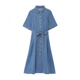 Turn Down Collar Belt Denim Long Dress 2025 New Single Breasted Fashion Women Dress A-line High Waist short sleeve Summer Dress
