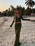 Women Sexy See Through Patchwork Long Skirt Set Fashion Long Sleeve Lace-up Shirt Tops Suit New Vocation Beach Outfits