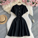 Sweet Lapel Single Breasted Short Dress A-line Rib Knitting Women Dress Solid Color Chic Elegant Dress 2025 New Female Clothing