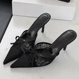 Bow Mesh Lace High Heels Slippers Pointed Toe Women Sandals Mules Shoes 2025 New Summer Trend Dress Pumps Sexy Sandalias Mujer