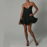 Pbong  Women Solid Color Feather Trim V-Neck Chain Spaghetti Straps Sling Mini Dress Summer Sleeveless Backless vestido