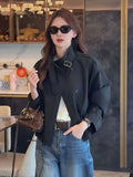 England Stand Collar Jacket Women Loose Long Sleeve Vintage Short Coat Fall Causal Double Breasted Lady Elegant Design Tops