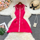 Pbong  Chic Fashion A-line Short Women Dress Elegant Turn-down Collar Aesthetic Summer Dress Lady Harajuku Black Party Vestido