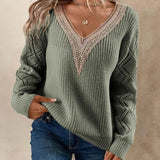 Pbong  Solid V Neck Knitted Sweater, Hollow Out Long Sleeve Casual Sweater For Fall Winter Women's Clothing