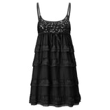 Pbong  Women Sequin Lace Edge Ruffled Mini Dress Multi-Layered Spaghetti Strap Sleeveless Cute Bow Short Dress Club Party