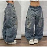 Pbong  American New Fashion Letter Embroidery Stitching Old Baggy Jeans Women Y2K Harajuku  Popular High Waist Wide Leg Trousers