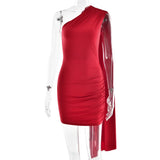 Pbong  Red Color Evening Party Dresses for Women Diagonal Collar Sleeveless High Waist Patchwork Ribbon Mini Dress Female