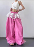 Pbong  Spring/Autumn New Design Loose, High Waist, Wide Leg, Personalized Retro, Sweet and Cool Lace Splicing Fake Two Piece