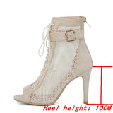 New Women's High Heels Jazz Dancing Shoes Sexy Mesh Short Boots Zipper Black Latin Indoor Dance Ballroom Sandals Ladies Shoes 47