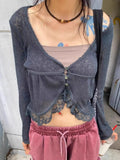 Harajuku Japan Vintage All Match Cardigan Patchwork Lace Y2k Aesthetic Punk Spliced Design High  Waist Coats Buttons Clothes