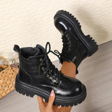 Pbong  Women's Black Platform Combat Boots Fashion Lace Up Zipper Pu Leather Short Boots Woman Thick Sole Non Slip Autumn Winter Shoes