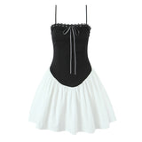 Pbong  Sexy Black Spliced White Sling Dress Women Drawstring Ribbon Bow Slash Collar Slim Low Waist Swing Mini Dresses Summer Robe