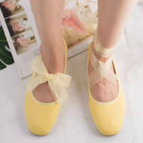 Pbong  Ribbon Bandage Ballet Flats Shoes Women Lace Up Elegant Mary Janes Shoes Ladies Yellow Spring Autumn Shallow Slip on Loafers