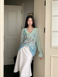Gradient Fall 2025 Fashion Woman Oversize Graphic T Shirts Long Sleeve Top Cowls Blue Tee Autumn Streetwear Clothing