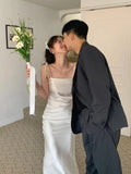 White Satin Elegant Luxury Slip Dress Fashion Solid Color Slit Slim Chic Long Dress 2025 Summer New Wedding Party Female Clothig