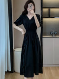 Women Black Puff Sleeve V-neck Casual Ruffled Long Dresses Summer Elegant Bodycon Female A-Line Mujers Clothes New