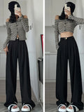 Fall Winter Elegant Gray Suits Pants for Women Office Lady High Waist Wide Leg Fashion Trousers with Pockets Black Pants