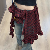 Pbong  Y2k Aesthetic Plaid Irregular Ruffled Skirts Vintage Women Streetwear Letter Print Faldas Harajuku Grunge Casual Bandage Skirt