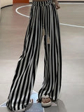 Pbong  Casual Striped Wide Leg Pants Women High Waist Elegant Korean Straight Trousers Vintage Lace Up Female Spring Loose Pants