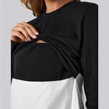 Pbong  Pregnant Women's Fashionable Solid Color Round Neck Splicing Long Sleeved T-shirt Soft Comfortable Pregnant Breastfeeding Top