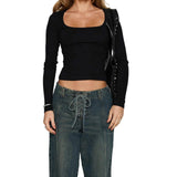 y2k Crop Tops Women Sexy Clothing Solid Color Square Neck Long Sleeve T Shirts 2000s Party Clothes Club Streetwear