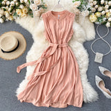 Pbong  Korean Fashion Women Dress Summer Casual Solid Sleeveless Sash Bandage Black Dress Vintage Elegant Lady Vestidos