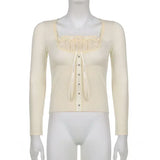 Coquette Aesthetic Crop T Shirts for Women Sweet Girl Bow Lace Patchwork Tops Square Neck Y2k Long Sleeve Sleeve Tees