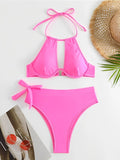 Cut-out Push Up Bikini Solid Halter Swimsuit Women High Waist Swimwear Female Bathers Bathing Swimming Swim Suit Beachwear