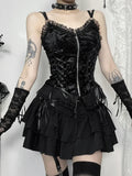 Black Rose Print Lace-up Camis Tops Vintage Sexy Elegant Backless Zipper Lace Trim Sleeveless Tank Tops Women Fashion