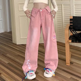 Pbong  Preppy Style Jeans Pockets Star Embroidery High Waist Design All Match Wide Leg Pants American Casual Loose Women Clothing