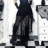 Y2K Black Floral Lace Mesh A-Line Long Skirts Goth Vintage Aesthetic Cocktail Party Skirt Women New Fashion Streetwear