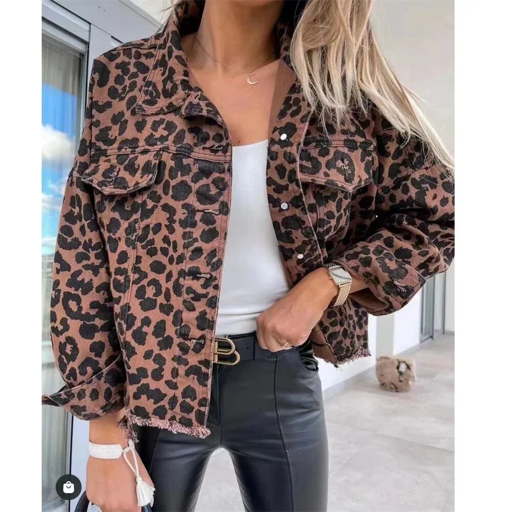 Vintage Denim Jacket for Women Loose Snake Leopard Jean Oversize Long Sleeve Boyfriend Coat Distressed Lapel Shacket denim coat