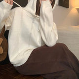 Pointelle Knit Hooded Sweater for Women Long Sleeve Pullover Sweater Hoodie Cosy Knitwear Teen-girl Autumn Winter Casual Outfit