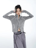Grey Vintage Zipper Cardigan Women Embroidery Y2k Aesthetic Grunge Sweater Short Jackets Basic Female Slim Knitted Coats Femme