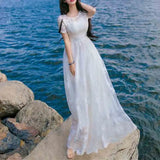 Pbong  Spring Summer New Lace Dress Women's White Square Neck Temperament Simple Fashion A-line High Waisted Fairy Beach Dresses