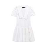 Puff Sleeve Sweet Chic Short Dress High Wasit Fashion Pleated White Summer Dress 2025 V-neck Turn Down Collar Vacation Vestidos